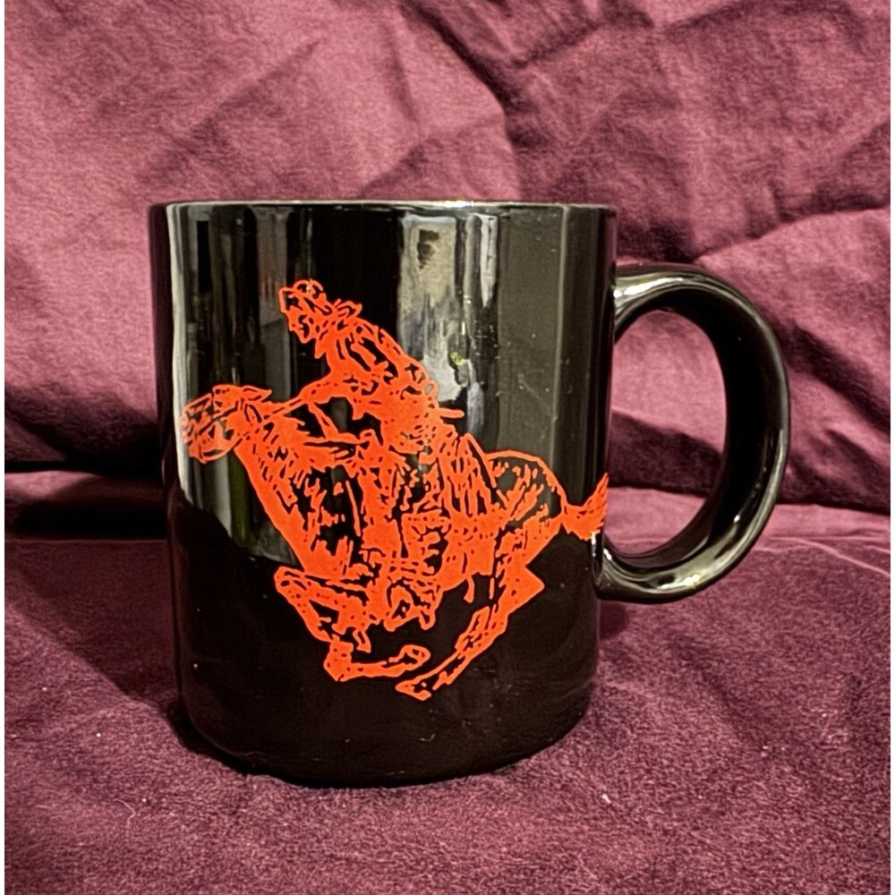 Marlboro Wild West Black Coffee Mug Red Cowboy Running Horse Vintage 1980s Promo